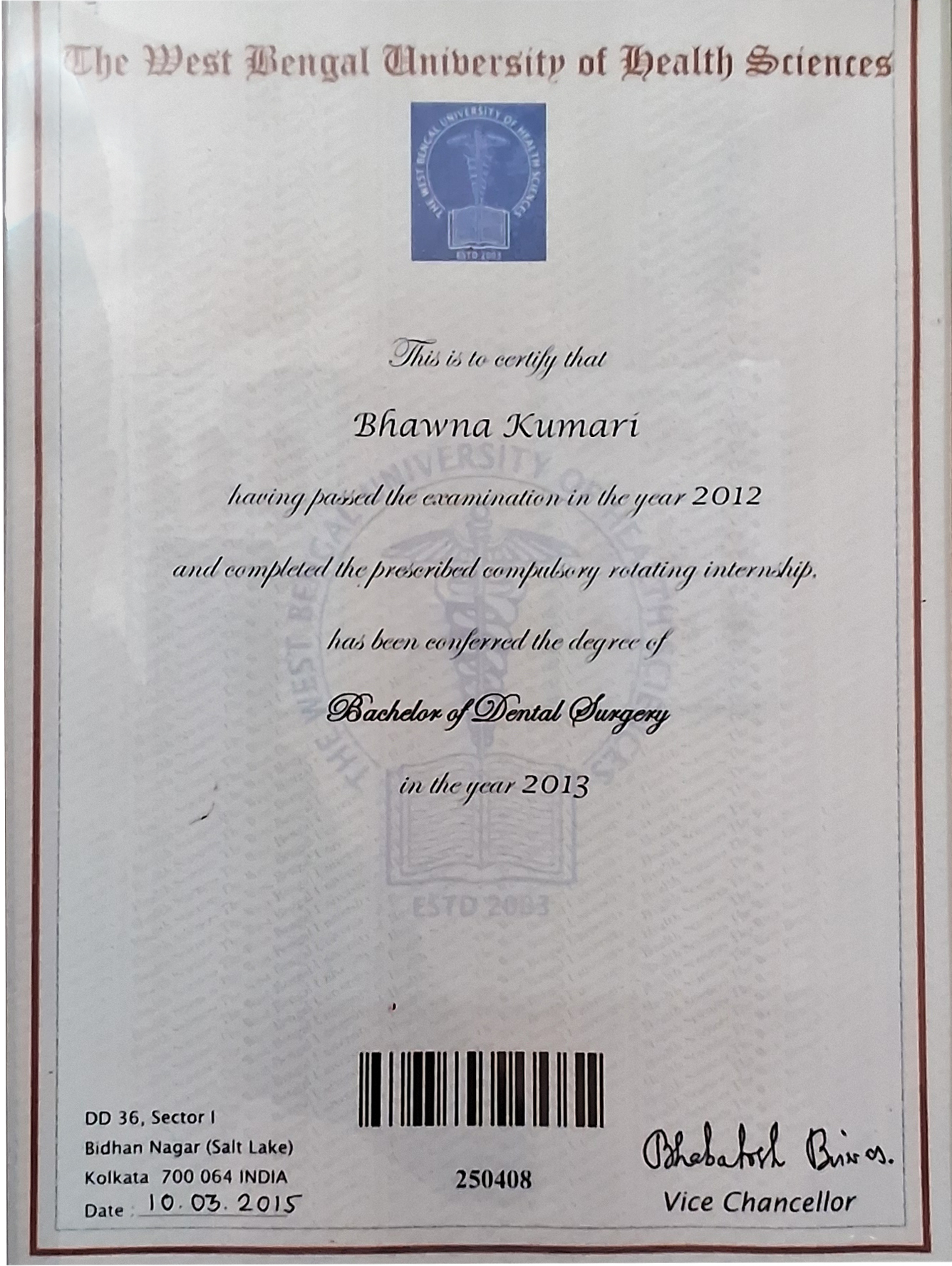 Dr. Bhawna Kumari Gold Medal & MDS Degree - 2